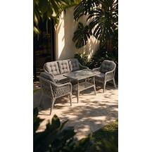 Large Raddan 3+1+1 Raddan Oturma Grubu Balkon Teras Bahçe Mobilyası El Örgüsü Raddan 5 Kişilik Çay Seti Gri