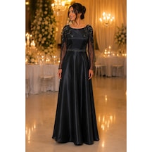 Gül&can Butik Antrasit Saten İşlemeli Abiye Elbise Gri