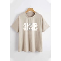 Uyguntarz Hanımcı Yazılı Katlamalı Tasarım Tshirt Bej