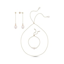 Kadın Zincirli Asansör Model Doğal İnci Küpe Kolye Bileklik Üçlü Set Rose Gümüş