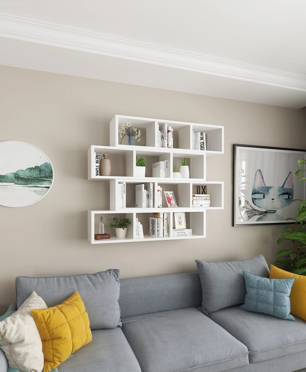 Kitaplık Modern Duvar Rafı Salon Yatay 4 Lü Takım Beyaz Beyaz
