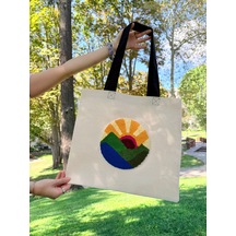 Bolergıashop Amanecer Grande Tasarım Canvas Omuz Çantası Bej - Kırmızı Punch İşleme
