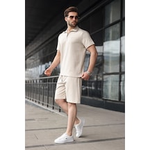 Madmext Bej Yarım Fermuarlı Polo Yaka T-shirt Şort Takım E7348 Bej