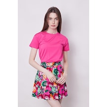 Jument Kadın Sıfır Yaka Kırışmaz Span Karışımlı Şık Kısa Kol Likralı T-shirt Bluz-fujya Fujya