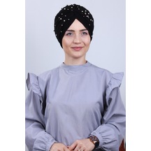 Melodi Scarf Kadın Tesettür İncili Taşlı Vera Dış Bone Siyah Siyah