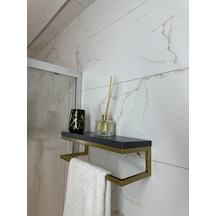 Fulya Banyo Ahşap Raflı Gold Metal Havlu Şal Askılık Antrasit Raf Gold