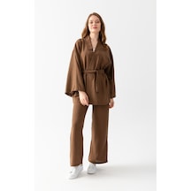 Zen Elegance Kadın Kimono Takım - Geniş Paça Keten Dokulu Alt Üst Yazlık Kadın Takım Kahve