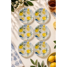 6 Lı Cam Çay Tabağı - Limon Desenli Mavi Akdeniz Esintili 12 Cm - 6 Adet Çay Tabak Sarı