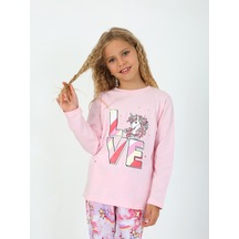 Kız Çocuk Uzun Kollu %100 Pamuklu Pijama Takımı Star Love Toz Pembe Toz Pembe