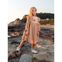 Kız Çocuk Pamuklu Çiçek Dantelli Turvakar Kol Elbise-12661-camel Camel
