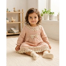 Mymio Somon Müslin Kumaşlı Dantelli Kız Bebek Elbise
