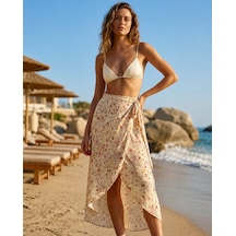 Belinis Şık Beachwear Yazlık Tatil Giyim Kadın Çiçek Desenli Pareo Etek Bağlamalı Plaj Eteği Mayo Üstü Pareo İ Ekru