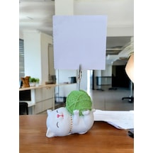 Yeşil Yumak Tutan Yatan Kawaii Kedi Temalı Not Tutacağı Fotoğraf Tutacak Tutucu Ofis Seti Hediyelik Yeşil