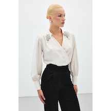 Sateen Aksesuar Detaylı Bodysuit Bluz - Bej-136191 Bej