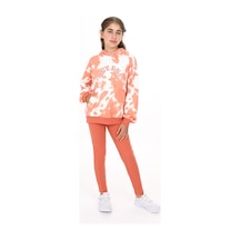 Toontoy Kids Toontoy Kız Çocuk 2'li Takım Baskılı Kapüşonlu Düşük Omuz Cepli Sweatshirt & Basic Düz Tayt Kiremit
