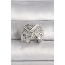 Pirinç Gümüş Renk Ayarlanabilir Zirkon Taşlı X Model Kadın Yüzük Çok Renkli