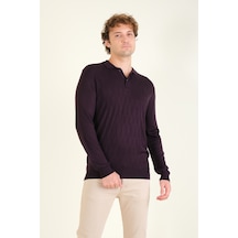 Giyim Dünyası Erkek Baklava Desenli Polo Yaka Merserize Kazak Mor 001