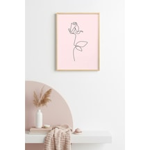 Doğal Ahşap Çerçeveli Retro Çizgi Desenli Gül Tablo - Minimalist Huhu2350