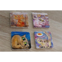 Renkli Kediler Doğal Taş Bardak Altlığı 4'lü Set - Natural Stone Coasters - Taş Çok Renkli
