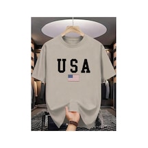 Caddemia Yaz Moda Rahat Bol Kesim Abd Amerikan Ulusal Bayrağı Grafik Yuvarlak Boyun Bej 2XL