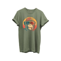 Drifter Yazılı Renkli Gözlüklü Maymun Baskılı %100 Pamuk Siyah Regular Fit Unisex T-shirt Haki
