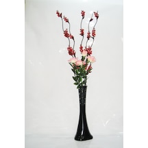 5 Kırmızı Üzüm Dallı 60cm Siyah Desenli Uzun Vazo Pembe Gül