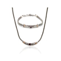 Yakut Taşlı 925 Ayar Saf Gümüş Hasır Zincir Unisex 2'li Set 201023670