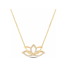 Çekirdekjewelry 925 Ayar Gümüş Lotus Çiçeği Kolye Sarı Altın Kaplama Zirkon Taşlı Zarif Kadın Kolyesi Sarı