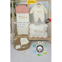 Gros Shop Müslin Yeni Doğan 4katlı Organik %100pamuk Kişiye Özgü Nakışlı Hastane Çıkış Seti Papatya Model-11 Ekru-1