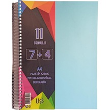 7+4 Ayraçlı Defter 11 Konulu 225 Yaprak 1 Adet 7 Kareli 4 Çizgili Spralli Plastik Kapak Seperatörlü Mavi