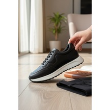 Enoch Hakiki Deri Bağcıklı Erkek Sneaker Ayakkabı Ortopedik Taban Siyah - Beyaz
