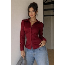 Kadın Premium Gömlek Slim Fit Uzun Kollu Şık Ofis Günlük Kombin Basic Klasik Gömlek Bordo