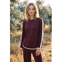 Soulshae Kadın Dabıl Örme Bisiklet Yaka Uzun Kollu Çizgili Bluz Pantolon Takım Bordo