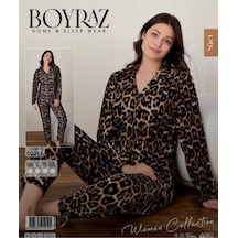 Leopar Desenli Süet Düğmeli Pijama Takımı Kahverengi