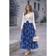 Hira Life Fashion Asimetrik Kesim Etnik Desen Ve Beli Lastikli İçi Astarlı Tül Etek Mavi Mavi