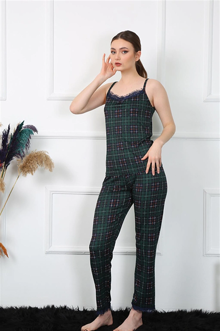 Akbeniz Kadın İp Askılı Yeşil Ekoseli Pijama Takım 4135 Yeşil
