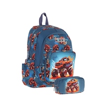 Kaukko Kids L5282+l8282 Üç Gözlü Erkek Çocuk Okul Çantası Ve Kalem Çantası Seti - Yeşil Kırmızı - Arazi Aracı Baskılı Yeşil - Kırmızı