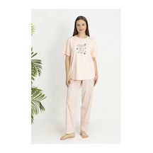 Estiva Kadın Kalp Alt Desenli Somon Penye Lycra Kısa Kollu Pijama Takımı Çok renkli