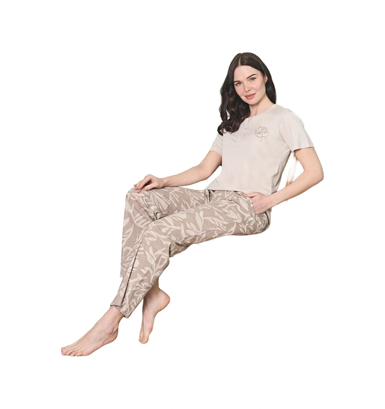 Over Sleep By Poleren Over Sleep 1818 Kadın Kısa Kol Uzun Alt Yazlık Modal Pijama Takım Krem