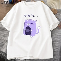 Flood Of Style Meh Kedi T-shirt Erkek Giysileri O Boyun Pamuk Tee Büyük Boy T Streetweed Pamuklu Üs Beyaz