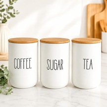3'lü Bambu Kapaklı Seramik Saklama Kabı Seti, Her Biri 1000 Ml, Coffee Sugar Tea Yazılı Kahve Şeker Çay Kavanozu, Tezgâh Üstü Mutfak Düzenleyici Çok Renkli