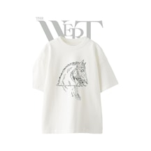 Thewert At Kafasi Tasarım Baskılı Ünisex Beyaz Oversize T-shirt