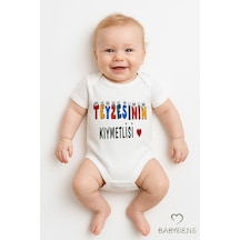 Babyden's Teyzesinin Kıymetlisi Yazılı Bebek Body %100 Pamuk Çıtçıtlı Tulum Zıbın Kısa Kollu Unisex Beyaz