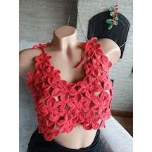 El Örgüsü Çiçek Motif Askılı Crop Kırmızı