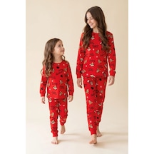 Zuzunga Kız Çocuk Yılbaşı Temalı Tiger Desenli Uzun Kollu Pijama Takımı Kırmızı