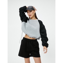 Koton Crop Sweatshirt Renk Bloklu Beli Ayarlanabilir Lastikli Bisiklet Yaka Gri Melanj 4sal10670ık Gri Melanj