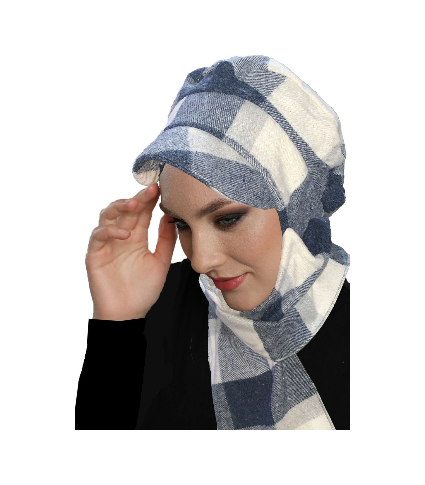 Yün Kasket Şapka Atkılı Ekose Desenli Mavi-krem Hazır Türban Tesettür Bone Bere Mavi-krem