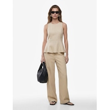 Koton Straight Fit Cepli Düz Bol Paça Keten Pantolon Vizon 6sak40009ew