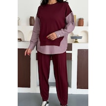 Ded Collectıon Kadın Çizgili Uzun Kollu Gömlek Detaylı Yuvarlak Yaka Sweatshirt Modal Takım Bordo