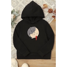 Uyguntarz Çocuk Yin Yang Cats Baskılı Sweatshirt Siyah